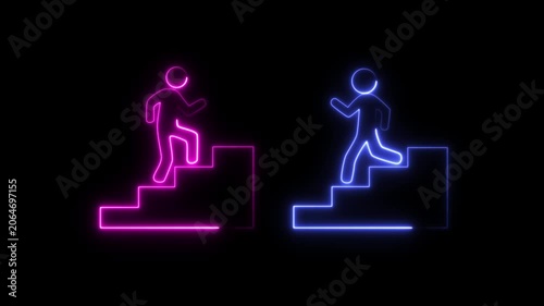 Pink and Blue Neon Figures Ascend Separate Stairs abstract