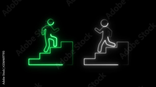 Green and White Neon Figures Ascend Separate Stairs