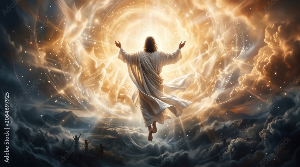 Naklejka premium Jesus Christ ascending to heaven surrounded by angels. Bible scene of Ascension Day depicting the miracle of resurrection. Divine light and spiritual glory in the clouds of sky.