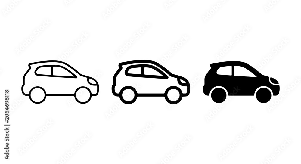 Fototapeta premium Three Car Icons: Outline, Line Art, and Solid Black Vector Styles