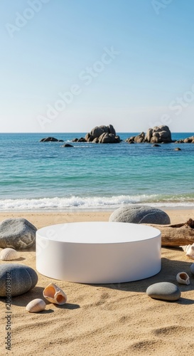Minimalist White Podium on Sandy Beach with Ocean Background.