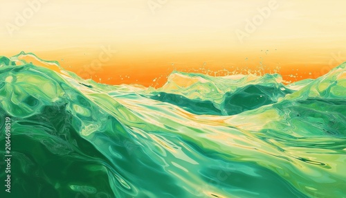 Vibrant green and teal water waves against an orange sunset sky. Dynamic ocean splash and liquid texture background. Abstract seascape with high contrast colors