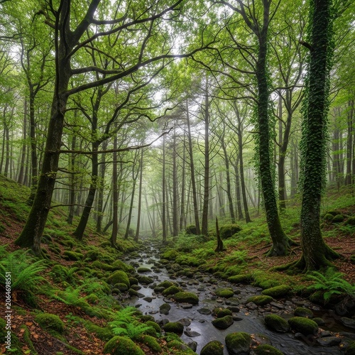 Misty Forest Stream with Lush Green Moss and Ferns.