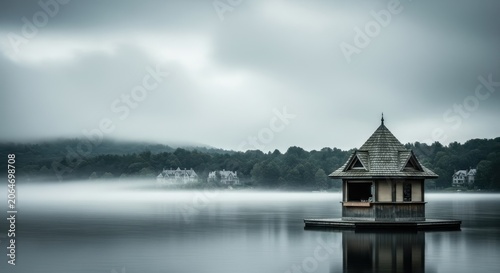 Misty Morning Over Lake With Small House.