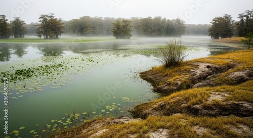 Misty Morning Over a Calm Lake Surrounded by Lush Green Trees and Golden Grass.