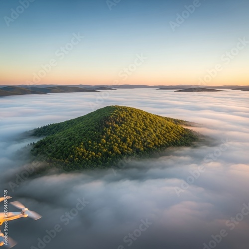 Misty Morning Over Lush Green Island Mountain with Airplane.