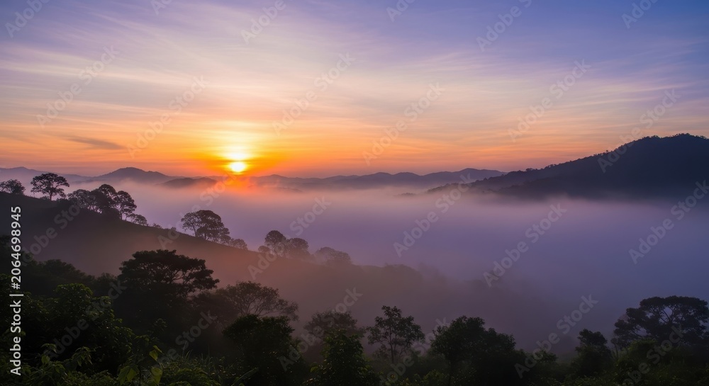 Naklejka premium Misty Mountain Sunrise Over Lush Green Forest Canopy.