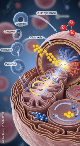 Mitochondria cellular respiration and ATP synthesis diagram.