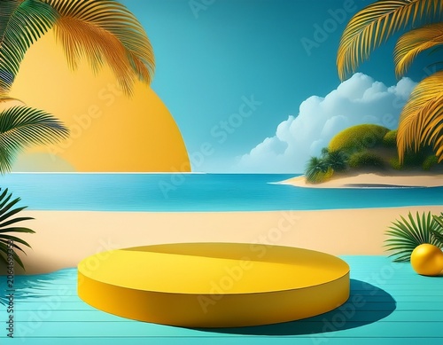 summer sale poster banner with yellow product display podium summer tropical beach scene design background