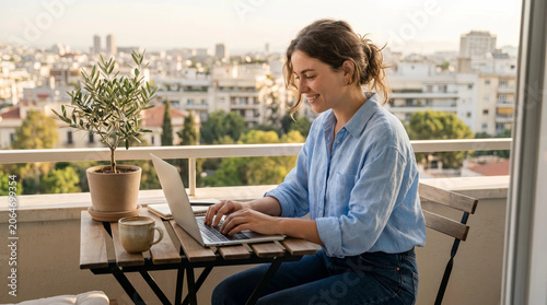 Young woman working remotely on laptop at sunny apartment balcony overlooking city