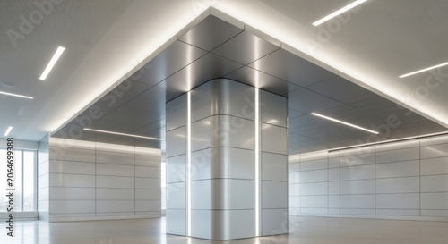 Modern architectural interior with geometric shapes and bright lighting.