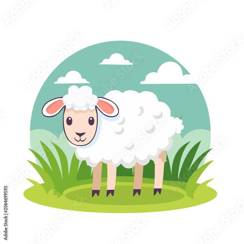 Cute cartoon sheep in a grassy field with blue sky
