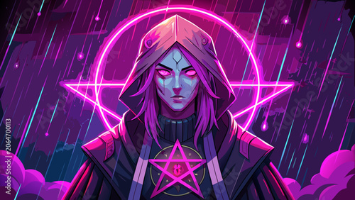 Photography Mystical sorceress standing before a glowing neon pentagram in a dark rainy atmo