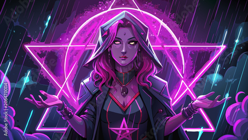 Konstfotografi Powerful sorceress with glowing eyes and outstretched hands in front of a neon s