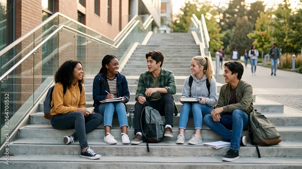 Obraz premium Diverse group of college students laughing and talking while sitting on campus stairs during daytime