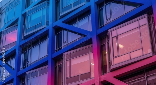Modern Building Facade with Blue and Pink Lighting.