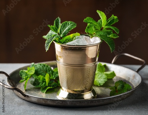 mint julep in the kentucky derby classic silver glass with fresh on a tray