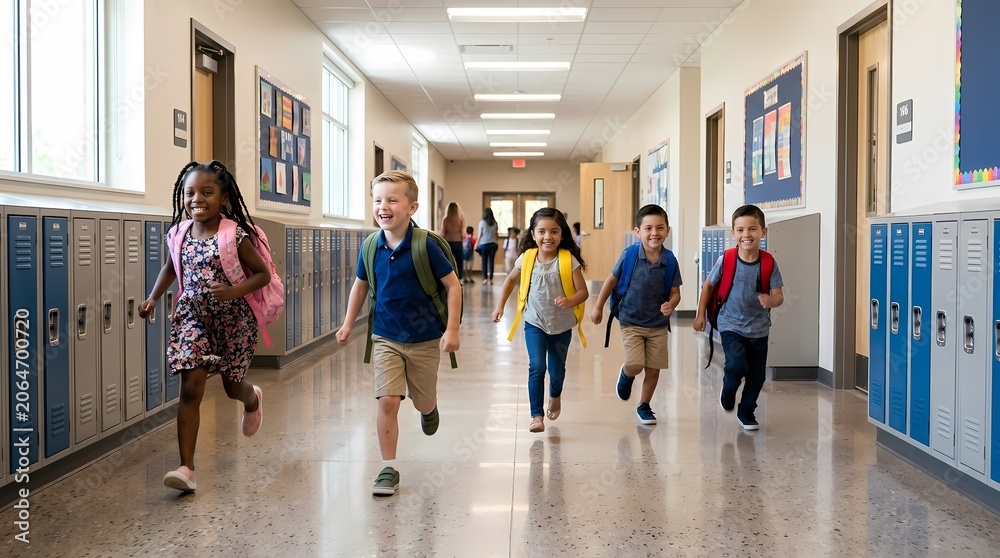 Fototapeta premium Diverse group of happy elementary school children running down a bright school hallway with lockers