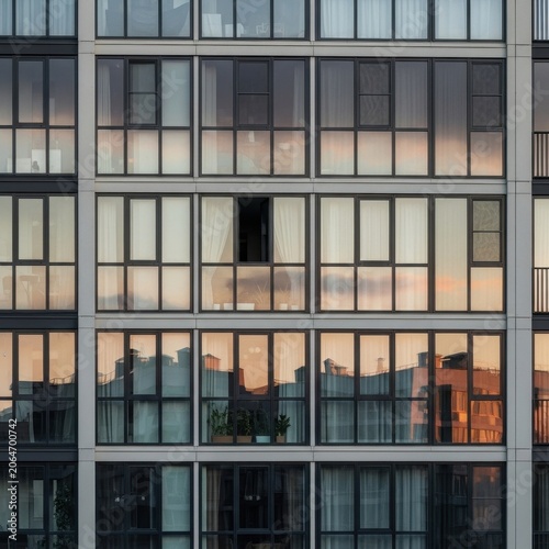 Modern Building Facade with Reflecting Sunset Sky and Cityscape.