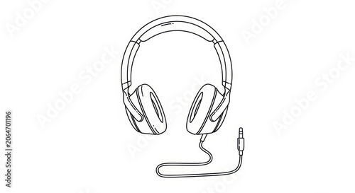 Minimalist Line Drawing of Modern Headphones with Cable and Plug.