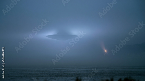 Misty Morning Over River with Disc-Shaped Object in Fog