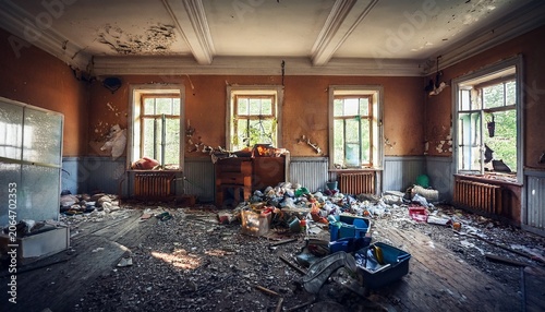 Plakat old abandoned room with different mess garbage