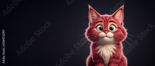 Cute red cartoon cat illustration looking curious with copy space on dark background. Adorable fluffy kitten character with big green eyes, perfect for a web banner, pet shop banner, or mascot design.