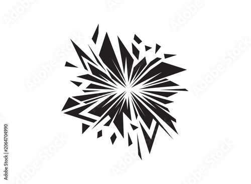 Sharp starburst explosion vector illustration, abstract black geometric shard silhouette isolated on white background. Dynamic crystal shatter line art, broken glass stencil, and comic spark design.