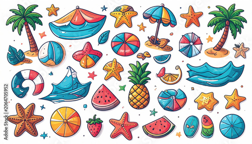 Colorful beach icons and symbols.