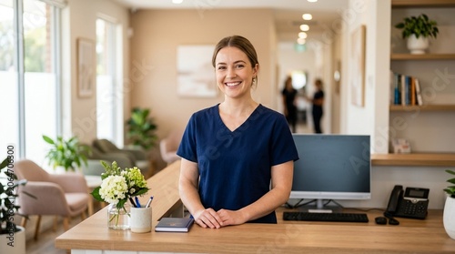 Friendly Dental Receptionist Smiling at Welcome Desk – Dental Office Front Desk Stock Photo