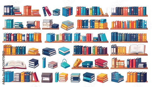Colorful books on shelves arranged neatly.