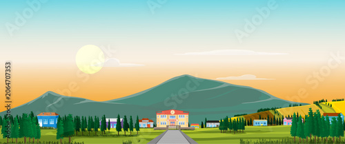Village view with a school in the morning.
