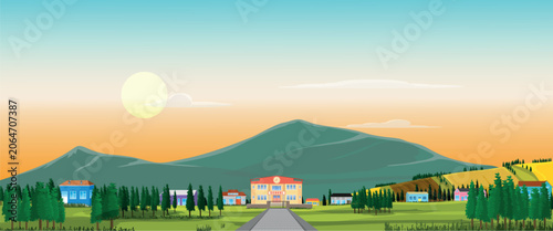 Village view with a school in the morning.