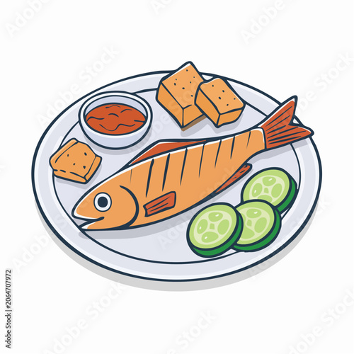 Illustration of a Grilled Fish Meal with Sides