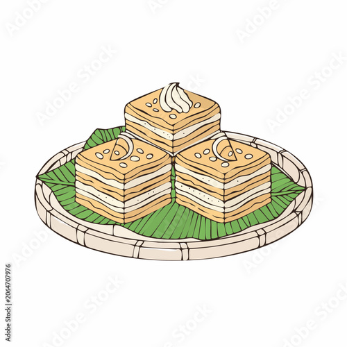 Hand-drawn illustration of layered cakes on a banana leaf platter