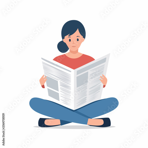 Woman Reading Newspaper Sitting Cross-legged
