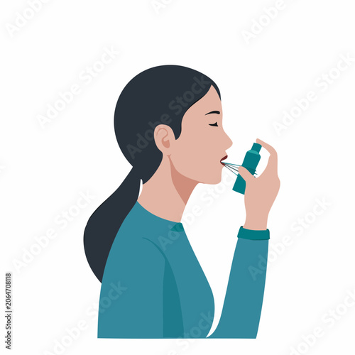 Woman using an inhaler for asthma relief