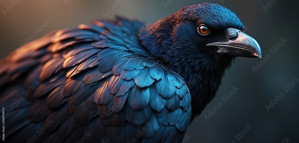 Fototapeta premium Close-up of raven with glossy black feathers and iridescent shades. Bird has dark beak and brown eye. Raven plumage shows blue and purple hues in sunlight. Animal looks to side.