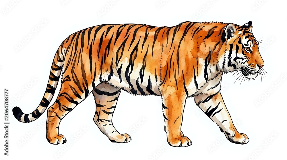 Obraz premium Tiger walking in profile with orange and black stripes, isolated on white background. Suitable for wildlife education, children's books, logos, and design projects.