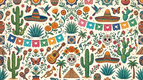 seamless pattern with flowers and birds