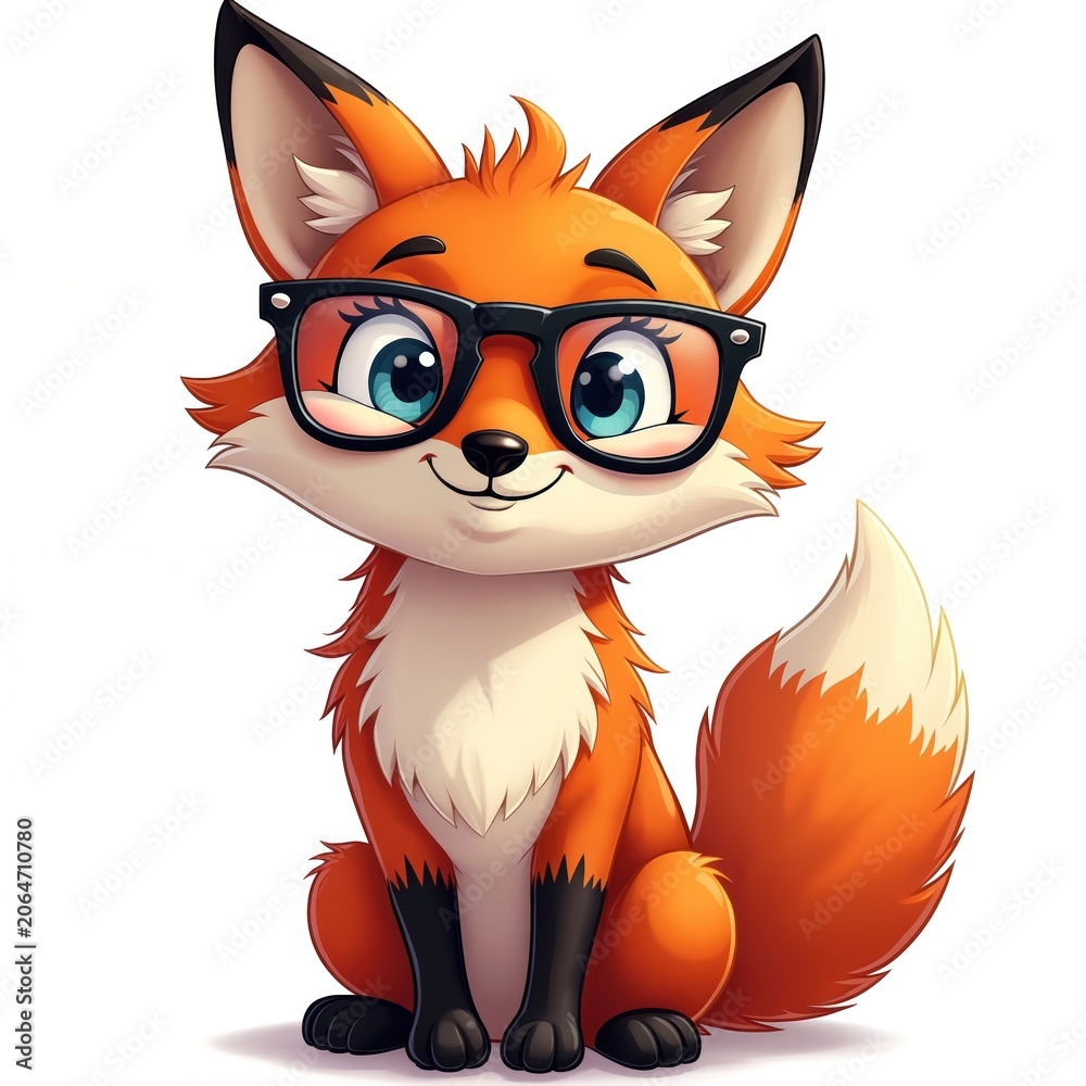 Fototapeta premium Cartoon fox with glasses illustration. Cute orange animal design on white background. Playful fox with eyeglasses posing for prints. Adorable character for kids.