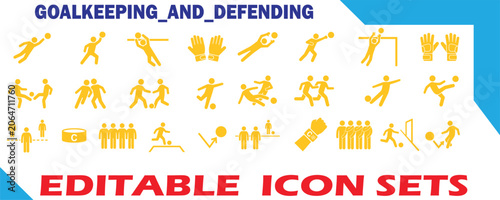 Tableau sur toile Goalkeeping and soccer defending sports vector icon set with football goalkeeper
