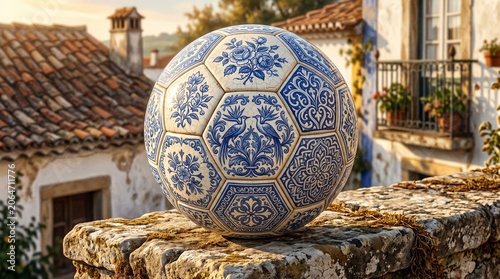 Football with a traditional blue and white Portuguese tile pattern.