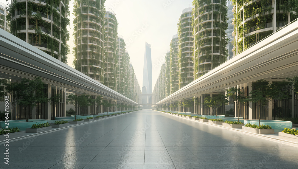 Obraz premium 緑化された未来の高層都市で白い通路と水景が広がる3D風景
