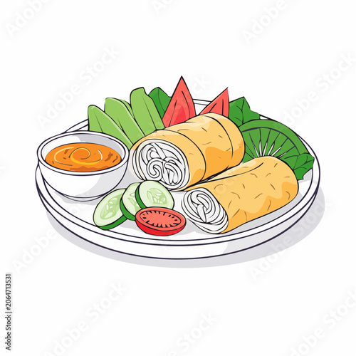 Illustration of Lumpia Semarang with Vegetables and Sauce