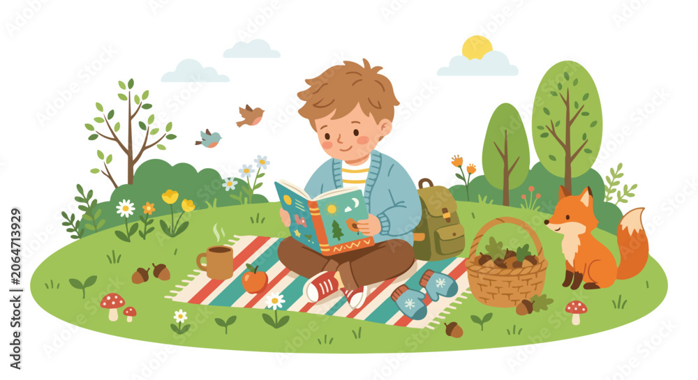 Fototapeta premium A young boy sits on a picnic blanket in a lush green meadow, reading a book alongside a friendly fox, birds, and a basket of acorns.
