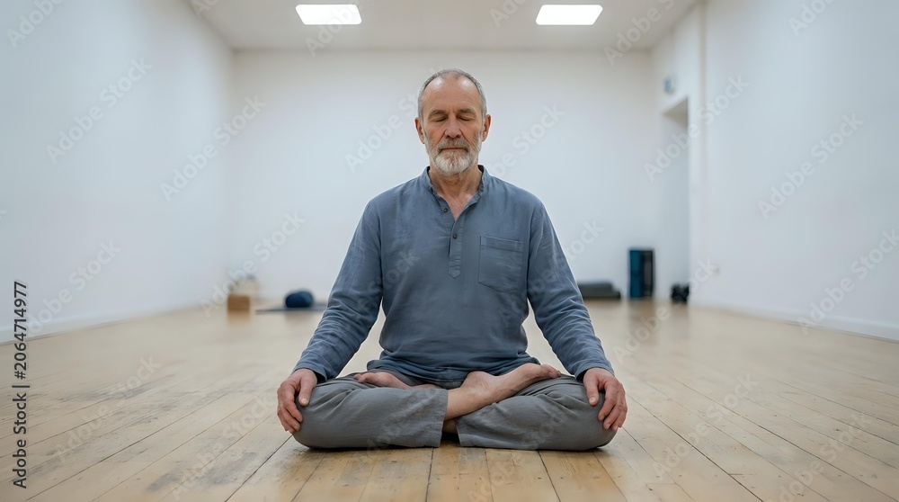 Fototapeta premium Mature man with gray beard, Caucasian ethnicity, sitting in lotus position on wooden floor in empty studio space. Wearing casual blue-gray long-sleeve shirt. Practicing meditation or yoga indoors.