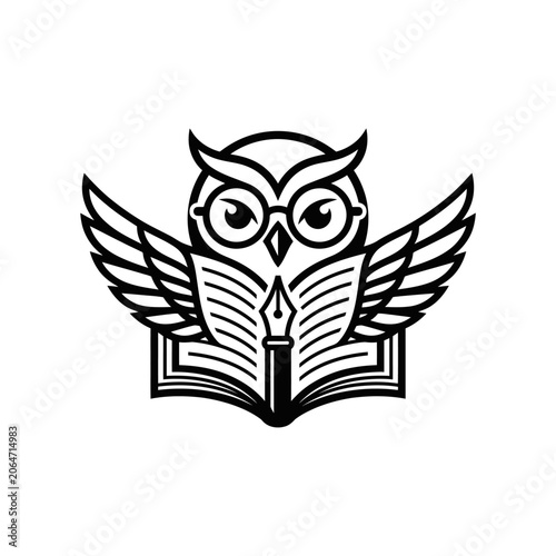 Wise Owl Reading Book Line Art Education Logo Vector