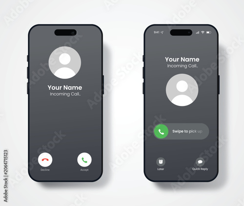 Phone Call Screen Concept UI Set with Realistic Blurry Background. Incoming Call Screen Template