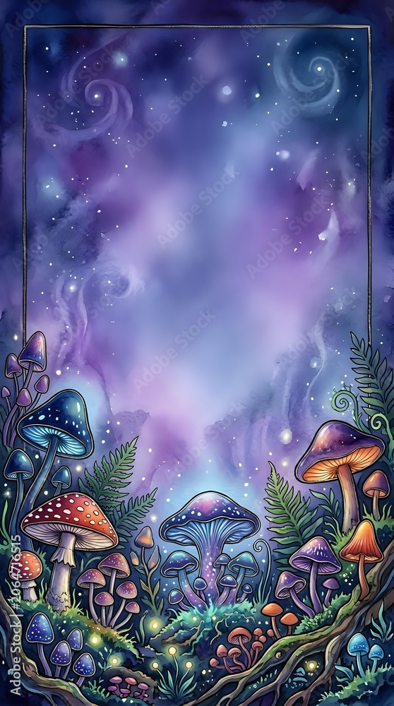 Fototapeta premium Enchanted forest floor with bioluminescent mushrooms and cosmic galaxy sky, featuring glowing fungi, ferns, and swirling nebula patterns for fantasy and mystical design projects.